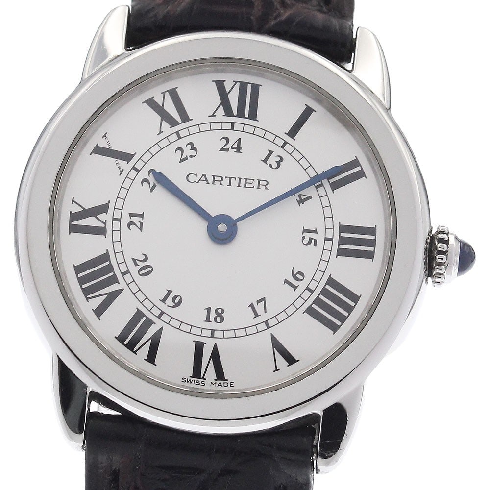 Cartier Ronde Solo SM womens quartz wristwatch ref W6700155: Cartier Ronde Solo SM womens quartz wristwatch ref W6700155 Pre-owned Cartier Ronde Solo SM quartz women's wristwatch with a stainless steel case, silver dial, and leather strap. The watch is offered 