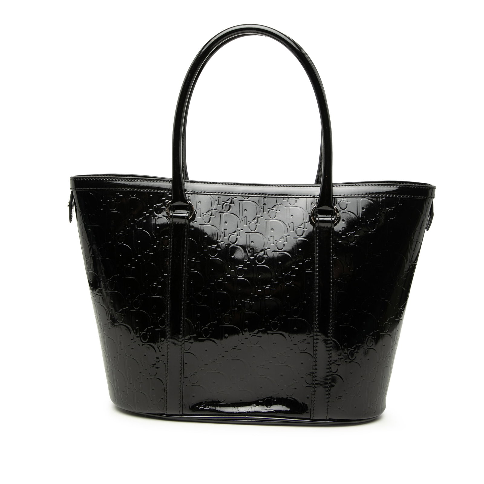 Dior Diorissimo Trotter black patent leather tote bag: Dior Diorissimo Trotter black patent leather tote bag Dior Diorissimo Trotter patent tote crafted in embossed patent leather with rolled top handles and an open top with magnetic snap closure. The int