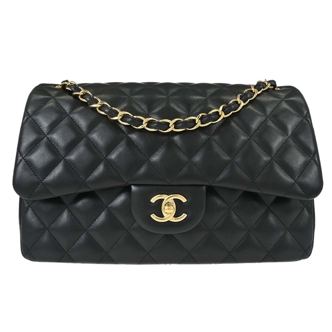 CHANEL Classic Double Flap Jumbo Shoulder Bag Black Lambskin: CHANEL Classic Double Flap Jumbo Shoulder Bag Black Lambskin Chanel Jumbo Classic Double Flap shoulder bag in black lambskin leather with a turn-lock closure and red lining. This large shoulder bag fe