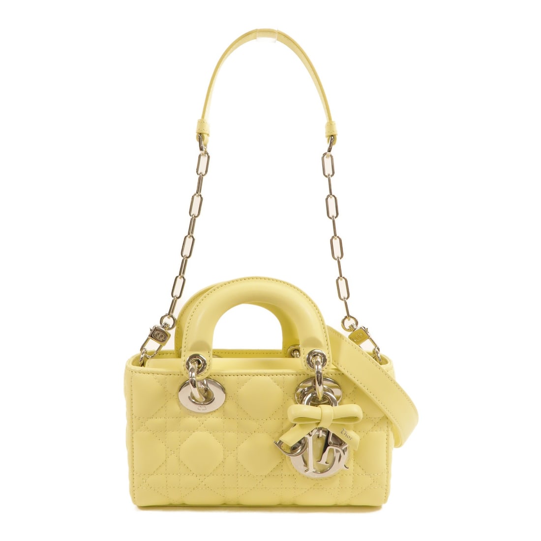 Dior Mini Lady D-Joy Lambskin 2Way Shoulder Bag Yellow M0636: Dior Mini Lady D-Joy Lambskin 2Way Shoulder Bag Yellow M0636 Mini Lady D-Joy 2Way Shoulder Bag in yellow lambskin (sheep leather) with SHW hardware. The bag includes one inside open pocket and comes w