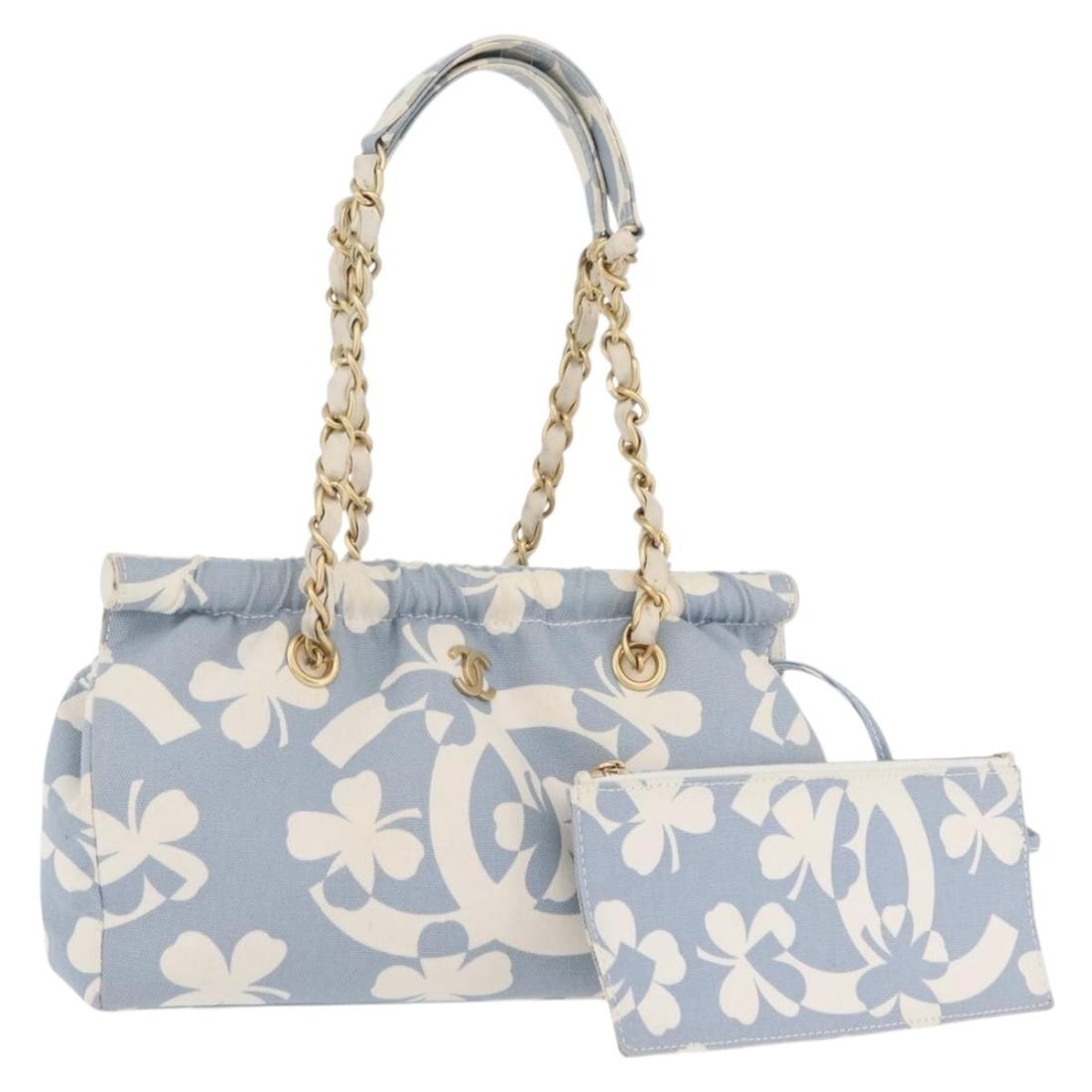 CHANEL CC Canvas Shoulder Bag Light Blue Gold Tone with Dust Bag: CHANEL CC Canvas Shoulder Bag Light Blue Gold Tone with Dust Bag Chanel chain shoulder bag in light blue canvas with gold-tone CC detailing. Made in France, this women's shoulder bag includes a dust b