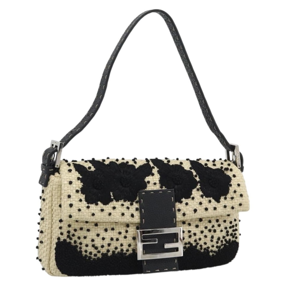 Fendi 8BR101 Celleria Mamma Baguette Shoulder Bag Bamboo Beige Silver: Fendi 8BR101 Celleria Mamma Baguette Shoulder Bag Bamboo Beige Silver Fendi Celleria Flower Embroidery Straw Mamma Baguette shoulder bag in beige and silver. Made in Italy, this women's bag includes a