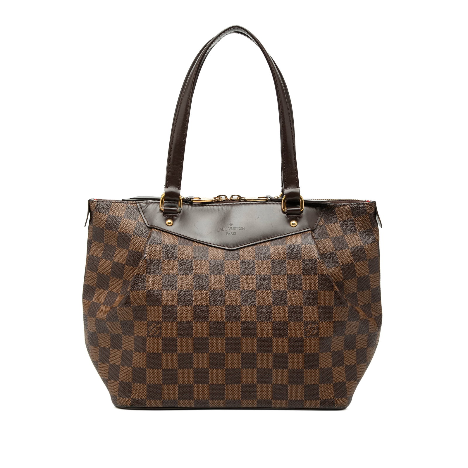 Louis Vuitton Westminster PM Damier Ebene Shoulder Bag: Louis Vuitton Westminster PM Damier Ebene Shoulder Bag Louis Vuitton Damier Ebene Westminster PM bag in brown Damier Ebene canvas with leather trim and flat leather straps. It features a top zip closu