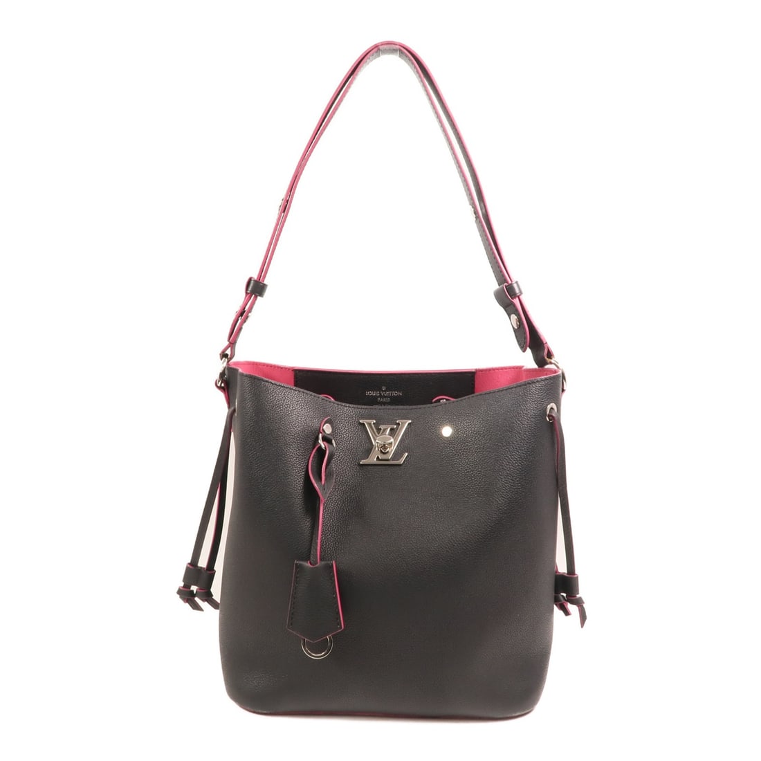 Louis Vuitton Lockme Bucket Shoulder Bag M54677 Black Calfskin: Louis Vuitton Lockme Bucket Shoulder Bag M54677 Black Calfskin Louis Vuitton Lockme Bucket shoulder bag in black calfskin (cowhide) leather, model M54677. Designed for women, it features a turn lock c