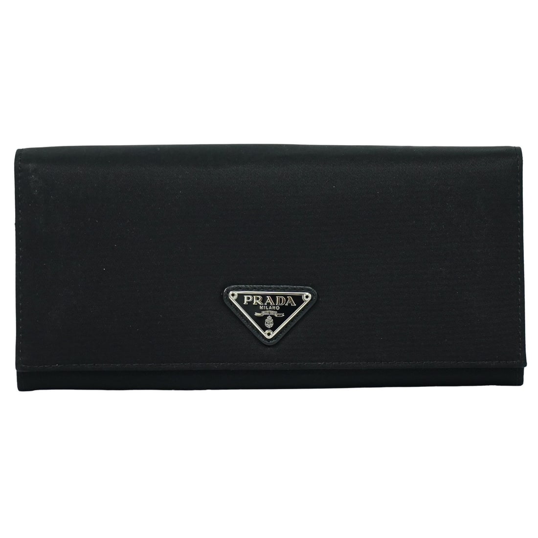 Prada Continental Black Nylon Wallet for Women: Prada Continental Black Nylon Wallet for Women This Prada Continental Wallet in black nylon features a sleek design suitable for women. Crafted in Italy, it offers practical dimensions for everyday us