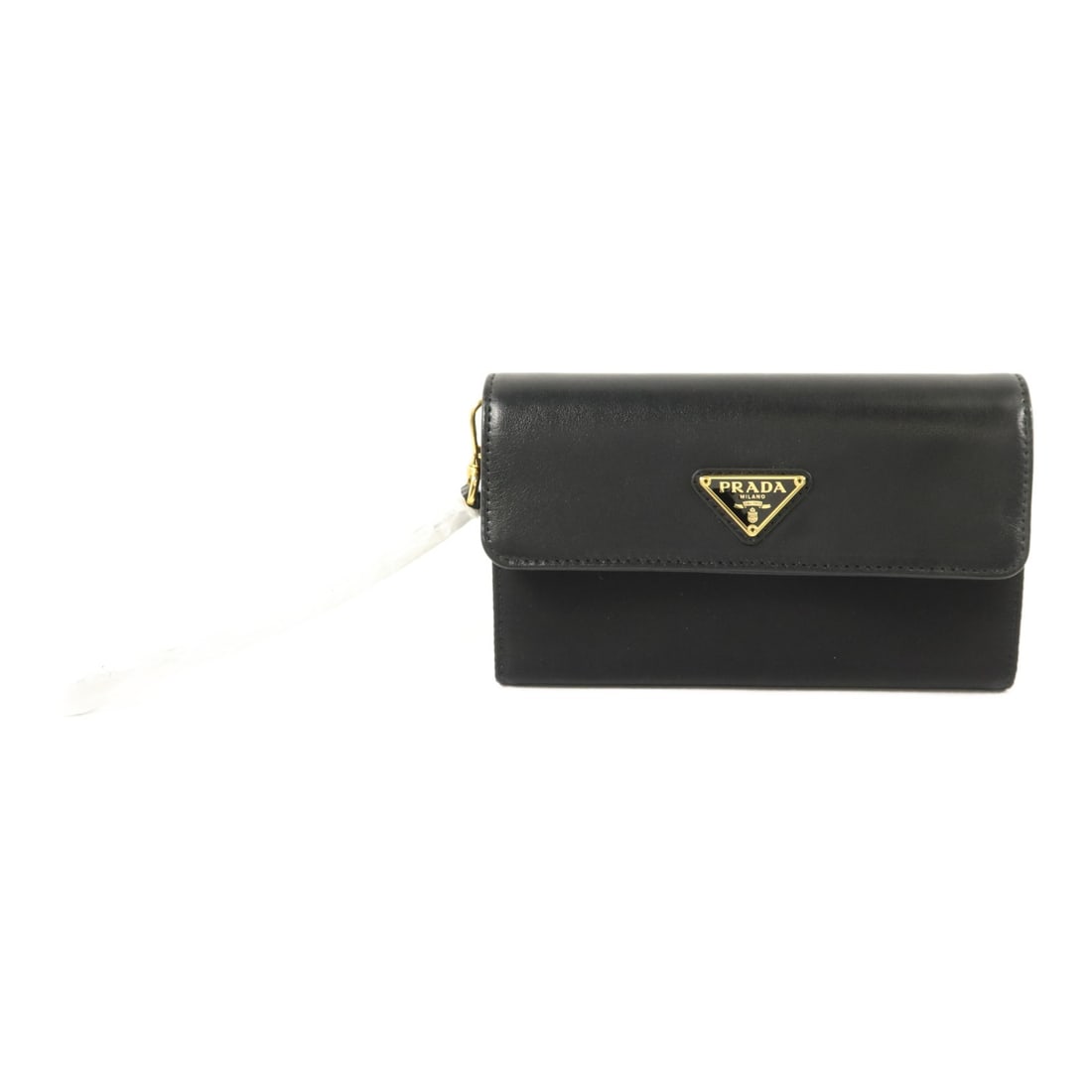 Prada bi-fold wallet black calfskin nylon with detachable strap: Prada bi-fold wallet black calfskin nylon with detachable strap A PRADA bi-fold pouch wallet crafted from calfskin (cowhide) and nylon in black. It features a hook button closure, space for 8 cards, 3