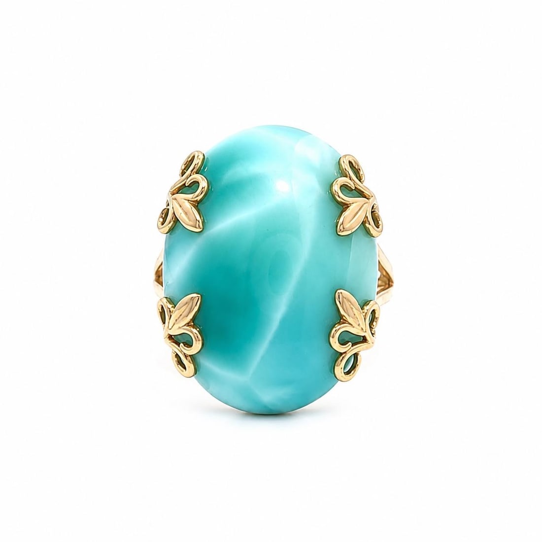 Unbranded 14k Yellow Gold Larimar Cabochon Cocktail Ring Open Leaf Setting: Unbranded 14k Yellow Gold Larimar Cabochon Cocktail Ring Open Leaf Setting Pre-owned women's cocktail ring featuring a natural genuine larimar solitaire in an oval cabochon cut with a marbled ocean bl