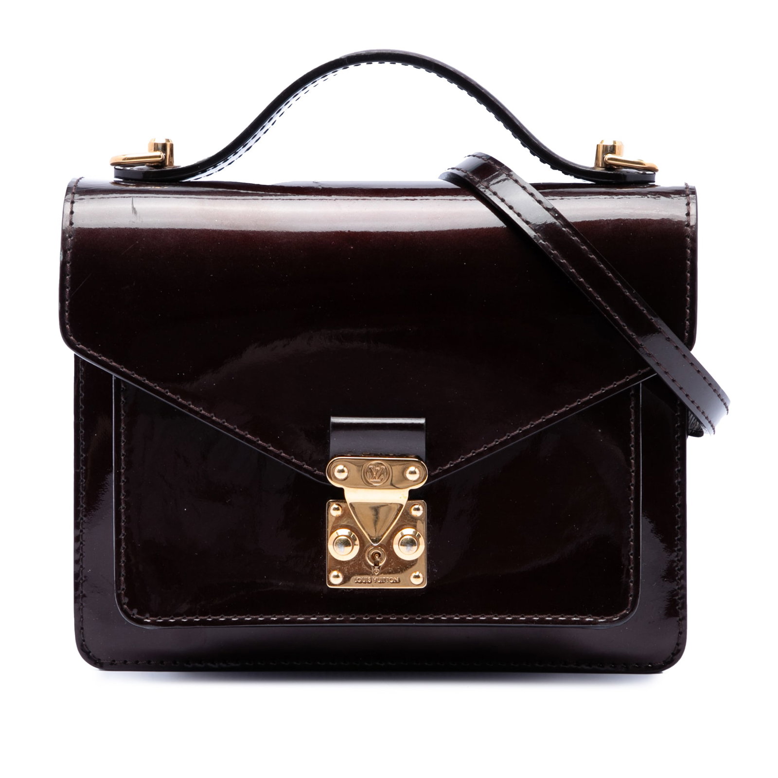 Louis Vuitton Monceau BB Vernis Leather Top Handle Bag: Louis Vuitton Monceau BB Vernis Leather Top Handle Bag Louis Vuitton Vernis Monceau BB handbag in purple vernis leather with a structured silhouette. It features a flat top handle, a detachable flat s