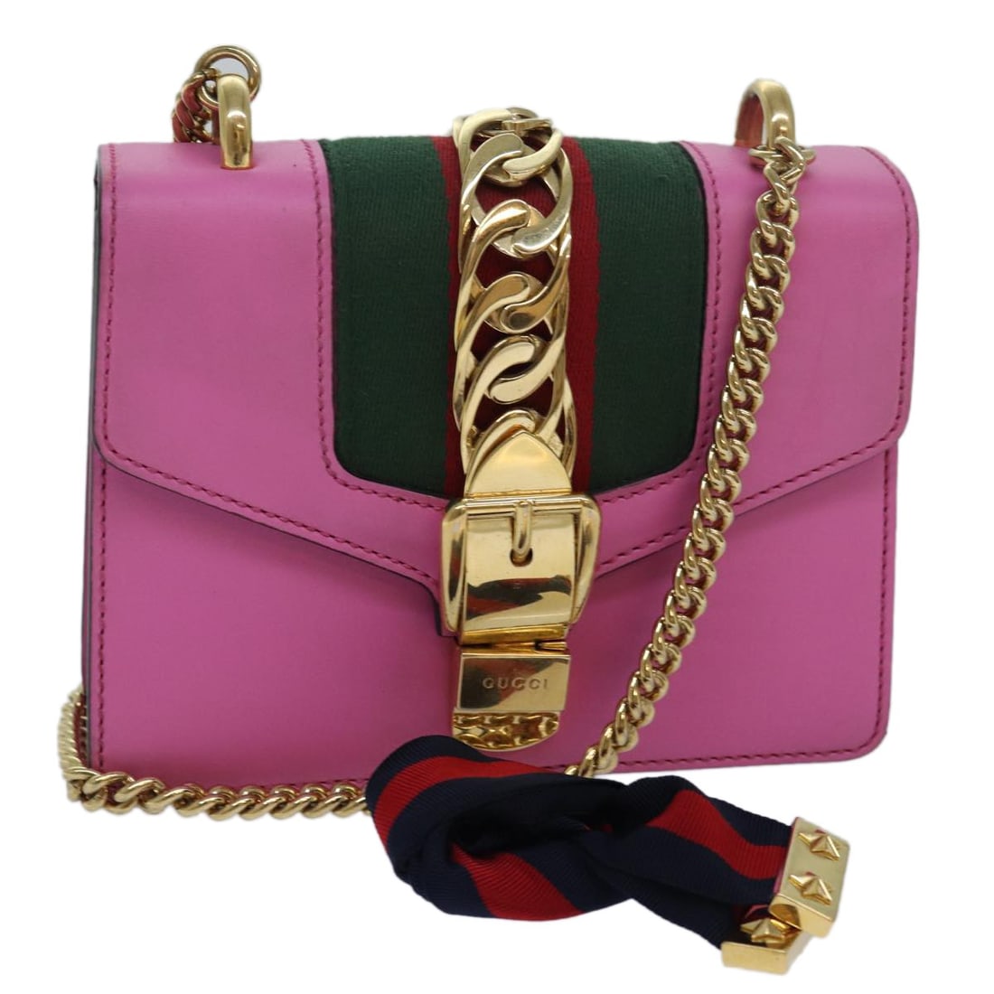 Gucci Sylvie Mini Chain Shoulder Bag Pink Leather 431666: Gucci Sylvie Mini Chain Shoulder Bag Pink Leather 431666 A Gucci Sylvie Web Sherry Line Mini Chain Bag in pink leather, presented as a shoulder bag. It was made in Italy and is identified by product n