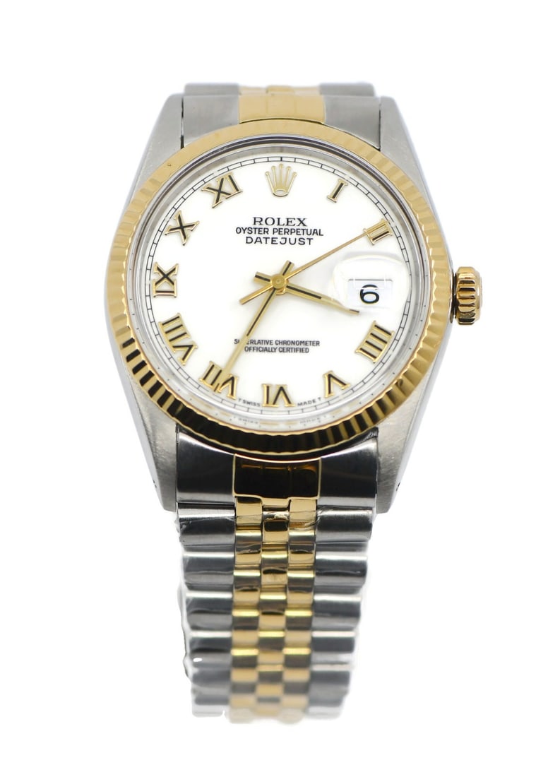 Rolex Datejust 16013 Two Tone Automatic Men's Wristwatch: Rolex Datejust 16013 Two Tone Automatic Men's Wristwatch This Rolex Datejust wristwatch features a 36mm polished stainless steel case with an 18K gold bezel and a classic white dial with Roman numeral