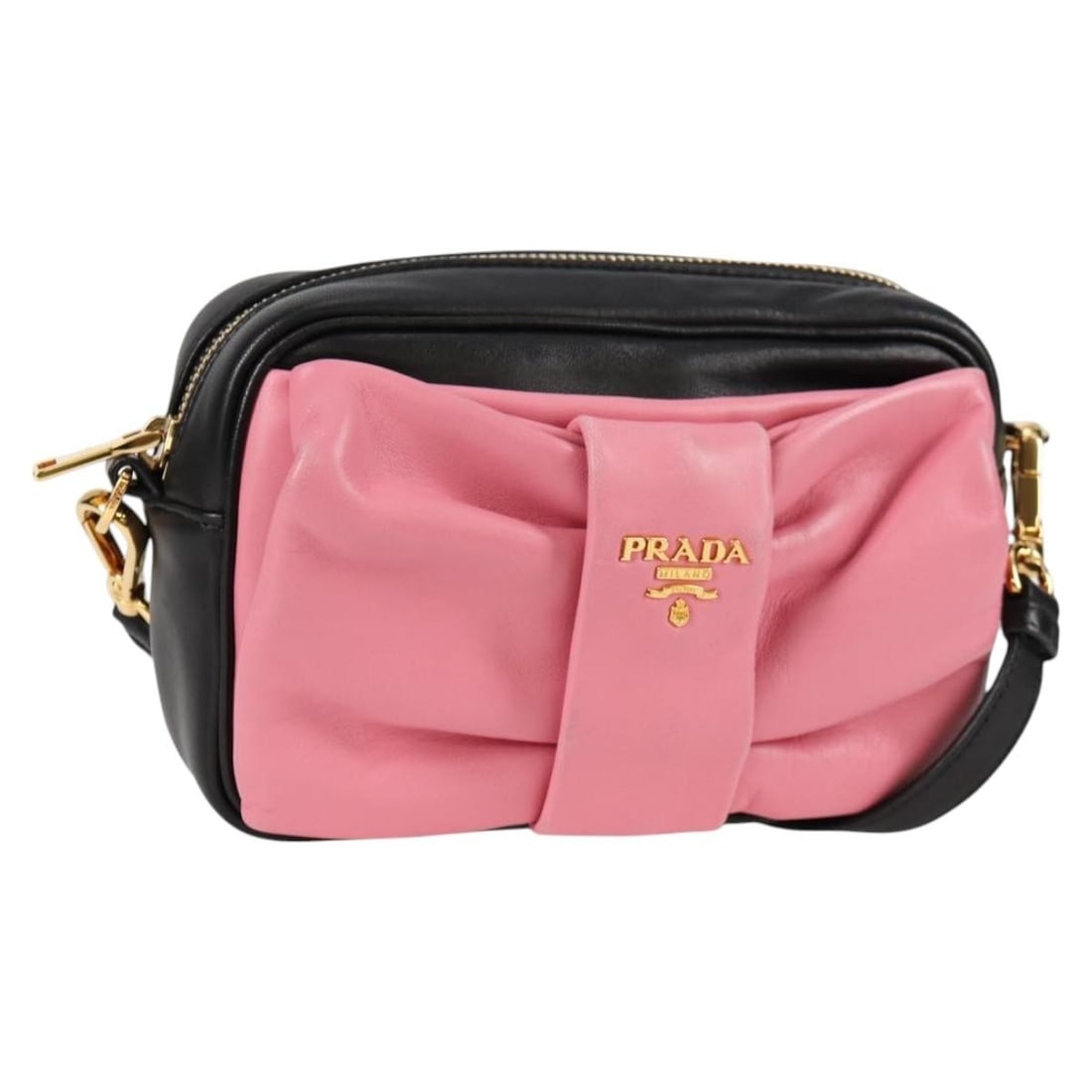 PRADA BD2127V leather shoulder bag black with gold tone ribbon (1 of 18)