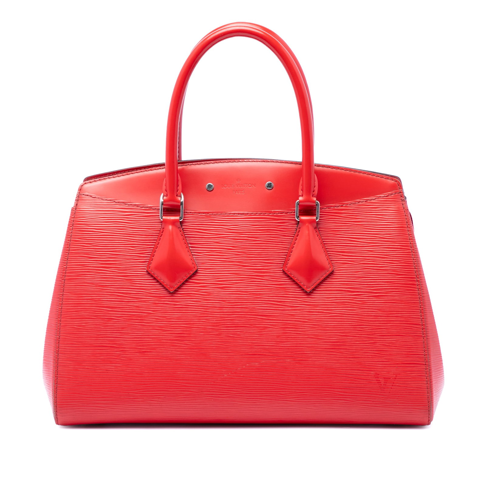 Louis Vuitton Epi Soufflot MM Red Leather Satchel: Louis Vuitton Epi Soufflot MM Red Leather Satchel Louis Vuitton Epi Soufflot MM satchel in red leather with rolled leather handles, a top zip closure, and interior zip and slip pockets. Made in France