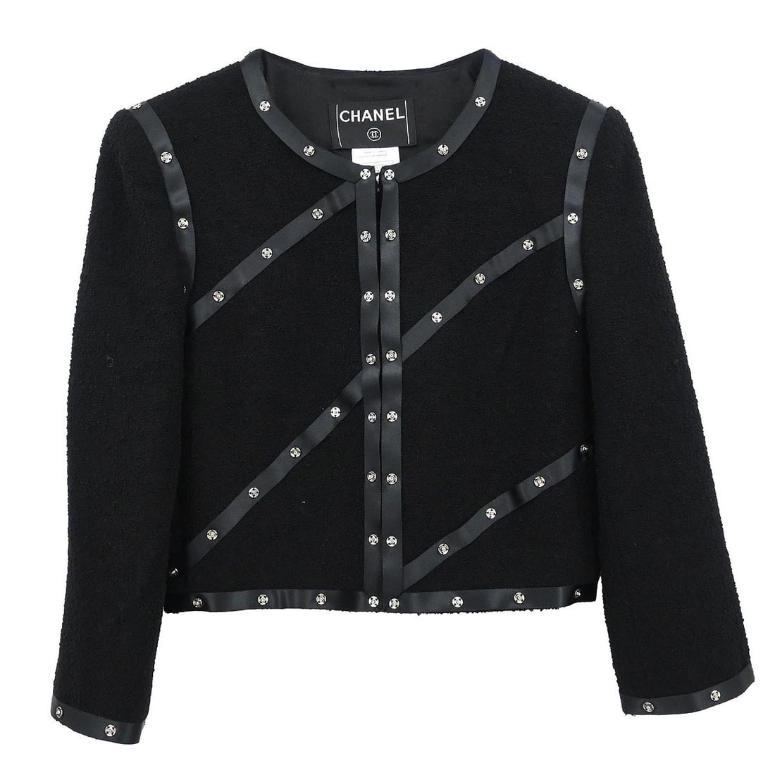CHANEL 03A Black Wool Nylon Round Neck Cardigan Size 38: CHANEL 03A Black Wool Nylon Round Neck Cardigan Size 38 Black Chanel collarless cardigan-style jacket for women with a round neckline and a regular fit. Made in France, this piece is crafted from a wo