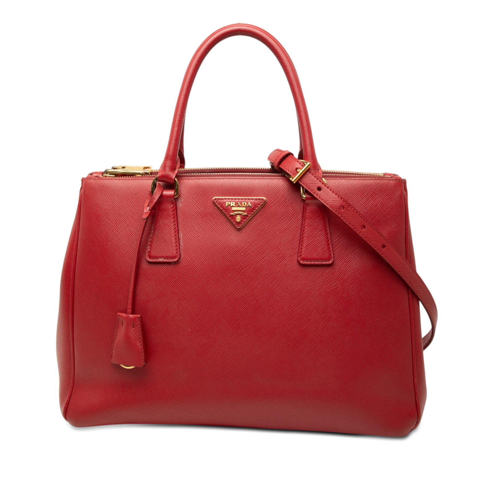 Prada Galleria Double Zip Satchel Large Saffiano Lux Leather Red: Prada Galleria Double Zip Satchel Large Saffiano Lux Leather Red Prada Large Saffiano Lux Galleria Double Zip Satchel in red leather. This satchel features rolled leather handles, an open top with a m