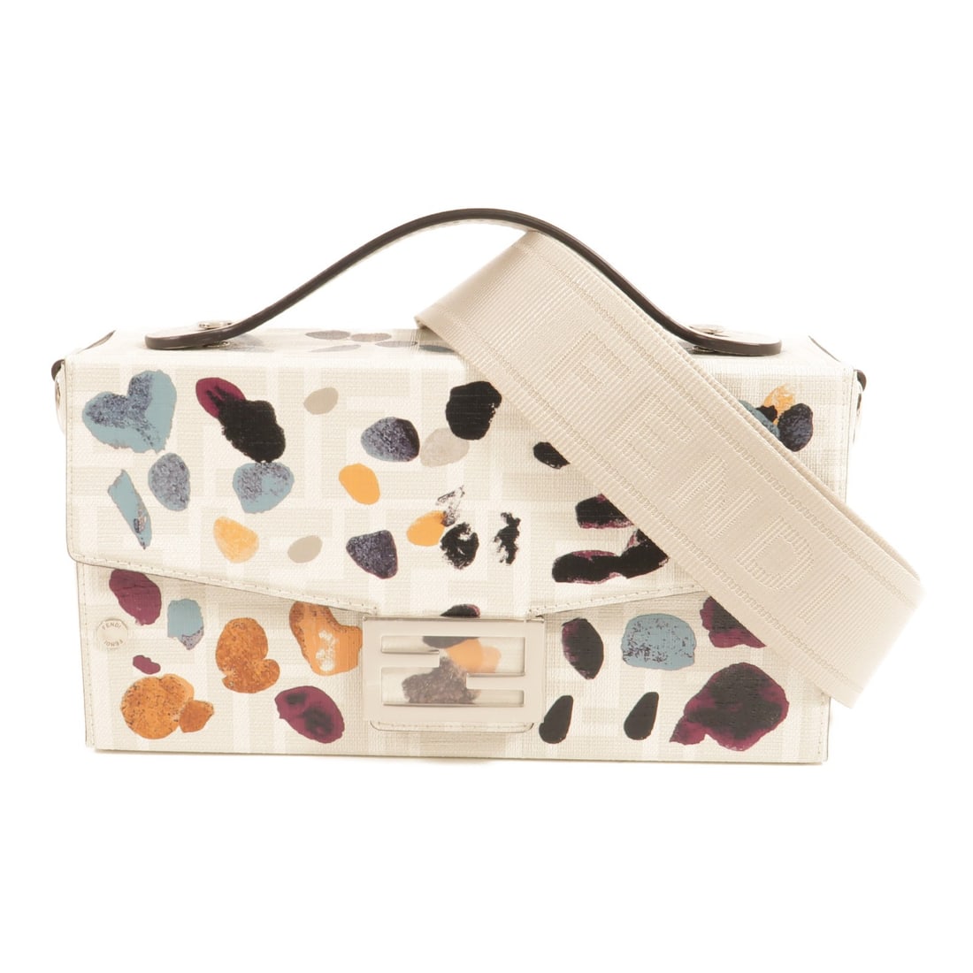 FENDI Baguette Soft Trunk 2way Bag PVC Coated Canvas Multicolor White: FENDI Baguette Soft Trunk 2way Bag PVC Coated Canvas Multicolor White Fendi Baguette Soft Trunk 2way shoulder bag in multicolor and white PVC coated canvas. This women's bag features a structured comp