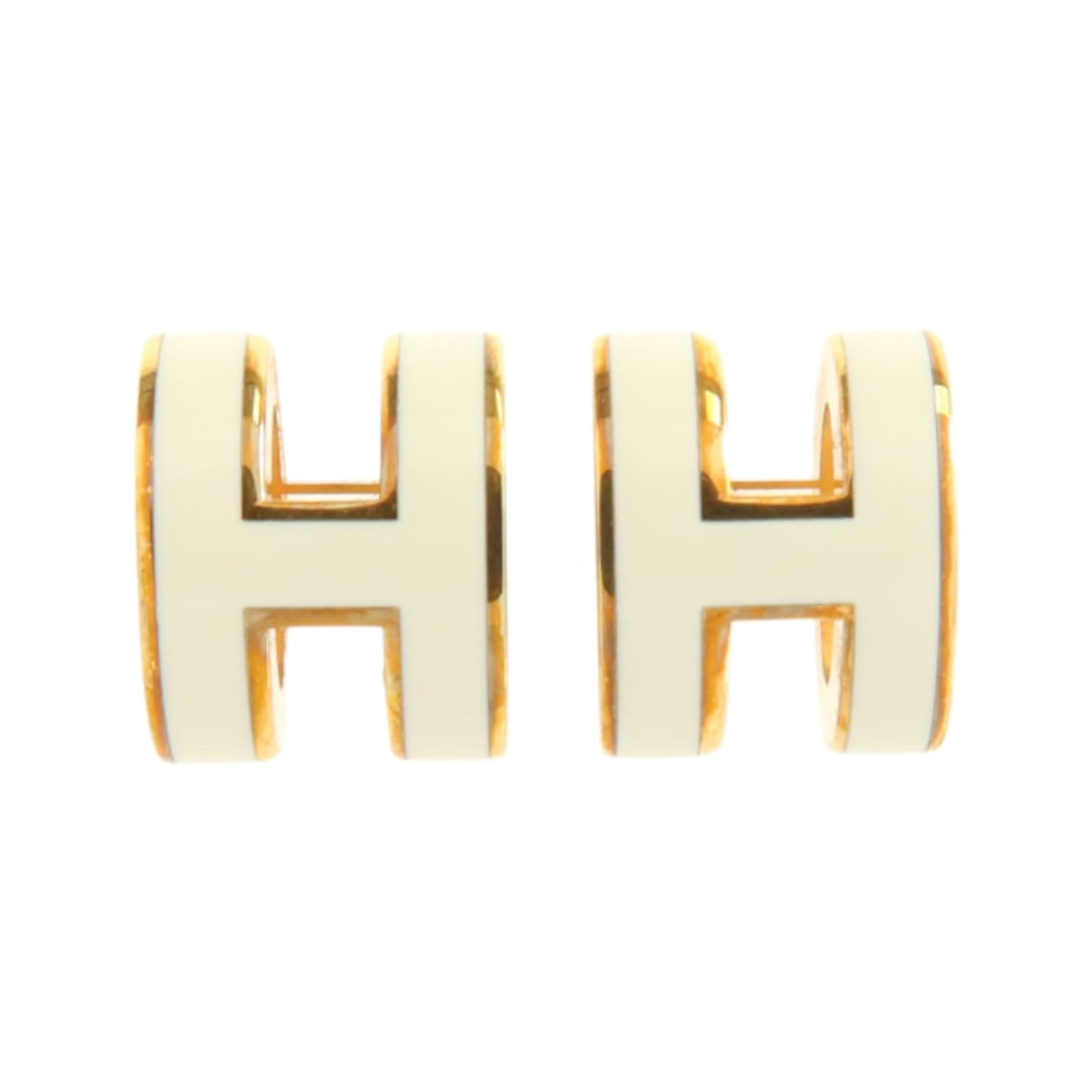 HERMES Mini Pop H Pierced Earrings White Enamel Gold Tone: HERMES Mini Pop H Pierced Earrings White Enamel Gold Tone Hermes Mini Pop H pierced earrings in white enamel and metal with a gold-tone finish. Made in France, this women's pair features the iconic H 