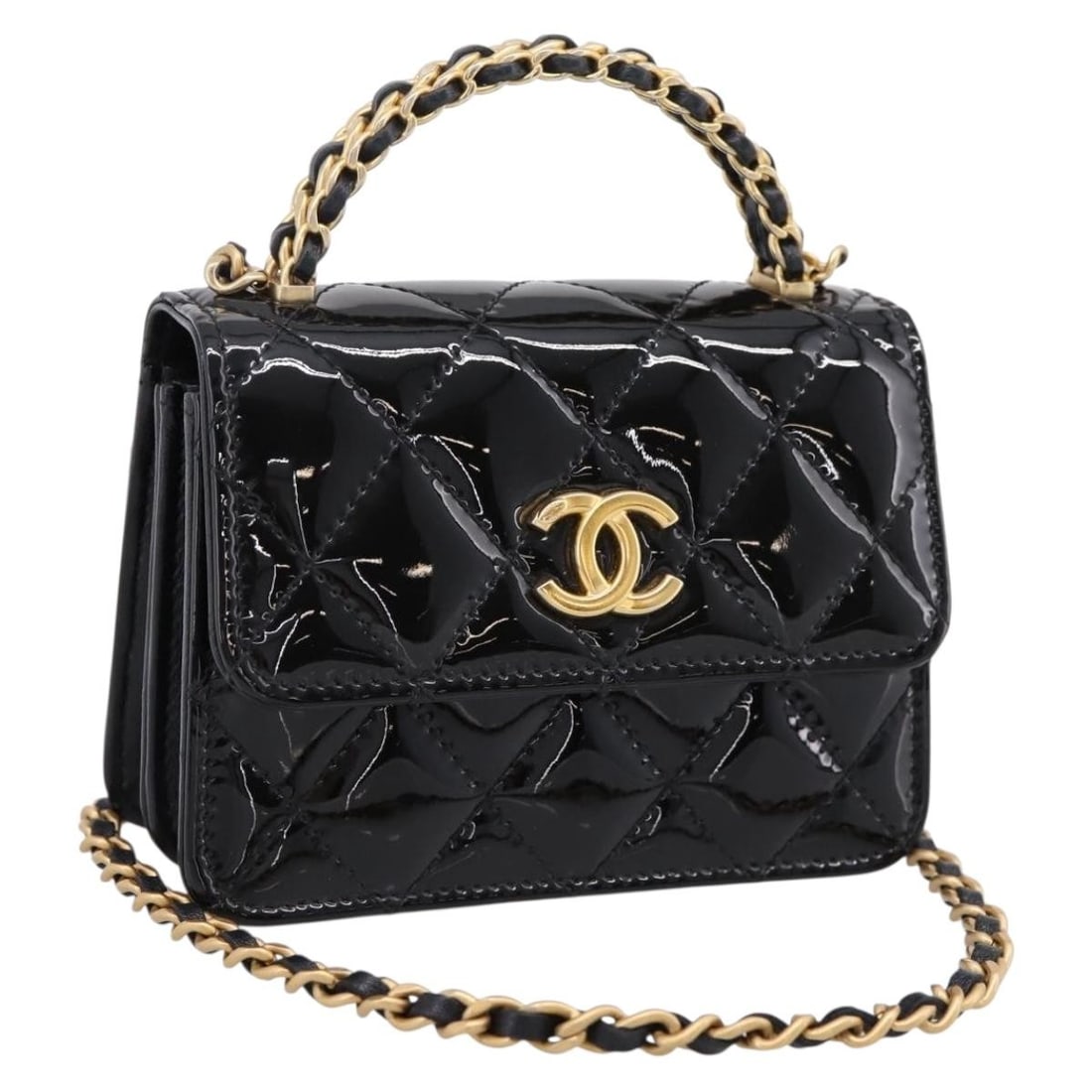 CHANEL Matelasse patent leather 2way handbag black gold tone CC: CHANEL Matelasse patent leather 2way handbag black gold tone CC Chanel Matelasse 2-way handbag in black patent leather with CC detailing. This women's bag includes a dust bag and features both a top h