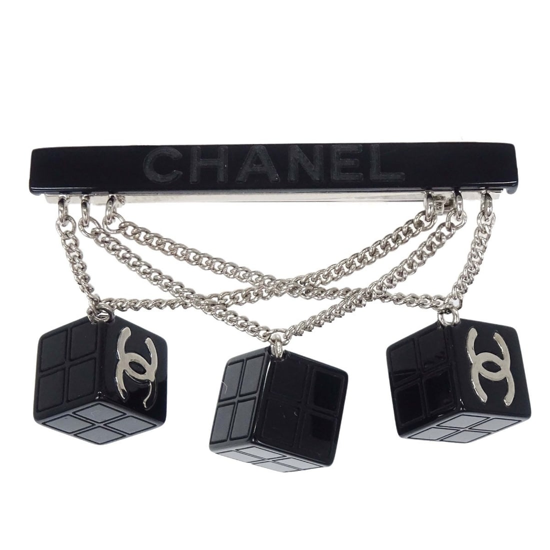 CHANEL Dice CC Brooch Pin Silver Plated Black Acrylic: CHANEL Dice CC Brooch Pin Silver Plated Black Acrylic Chanel dice CC dangle brooch pin in silver and black, made with silver plated metal and acrylic. It is described as being in very good condition w