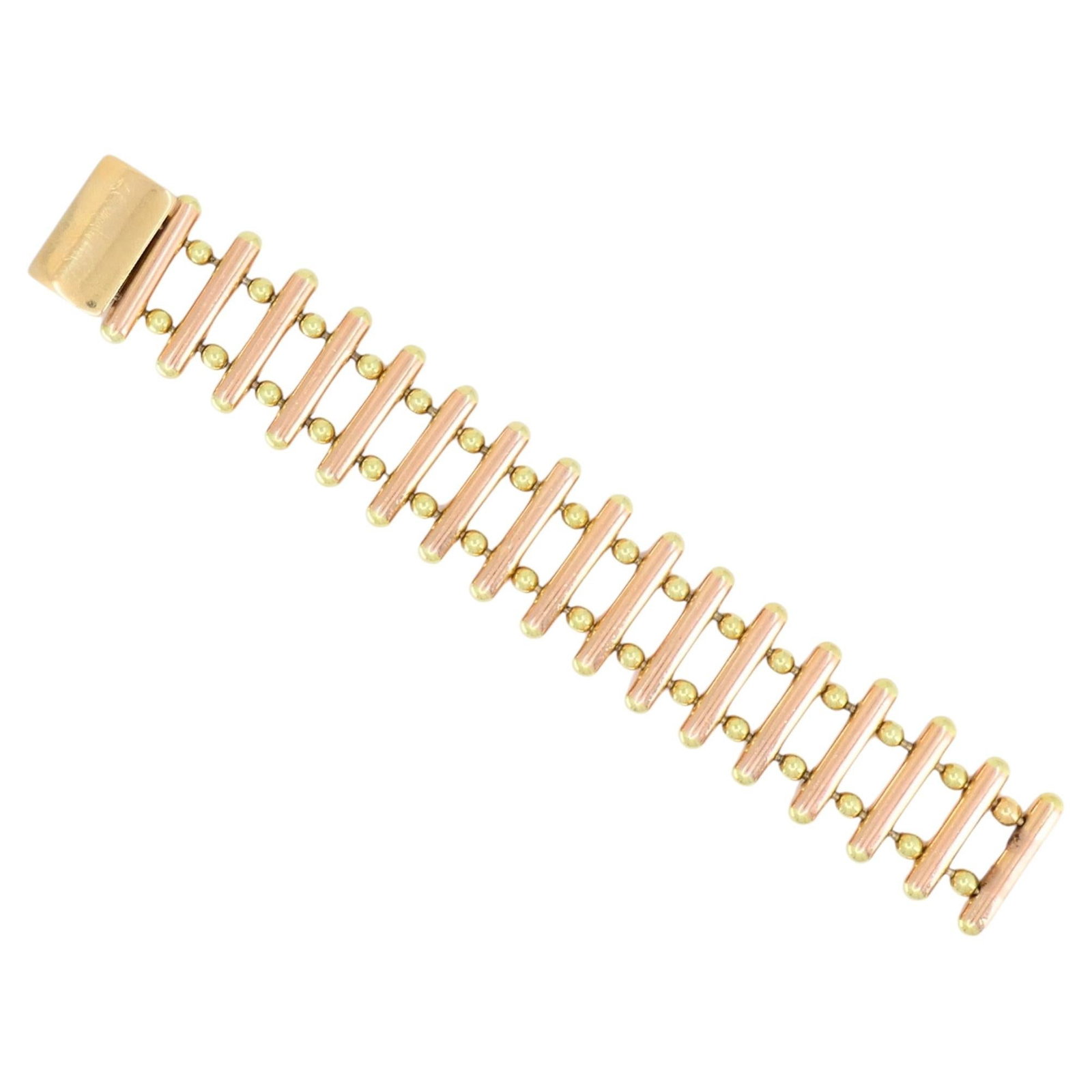 Cartier 14k Yellow and Rose Gold Retro Bracelet: Cartier 14k Yellow and Rose Gold Retro Bracelet Vintage Cartier retro bracelet in 14k yellow and rose gold, featuring a flexible design with polished rose gold bars connected by yellow gold beads. The