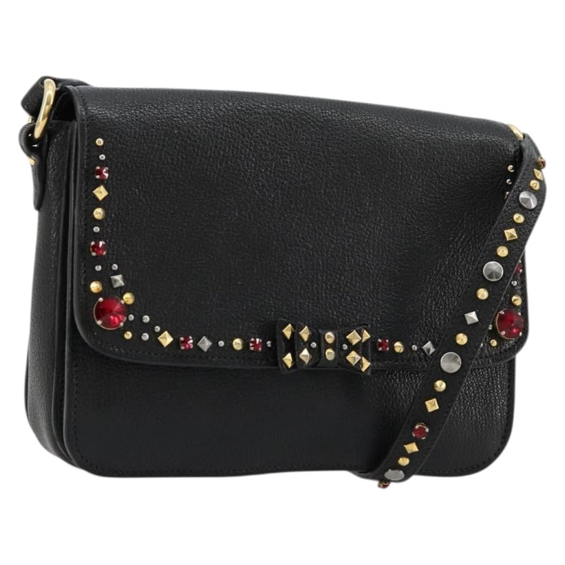 Miu Miu Black Leather Shoulder Bag with Dust Bag: Miu Miu Black Leather Shoulder Bag with Dust Bag Authentic Miu Miu shoulder bag in black leather with gold-tone accents. This women's bag includes a dust bag and shows reasonable wear consistent with 