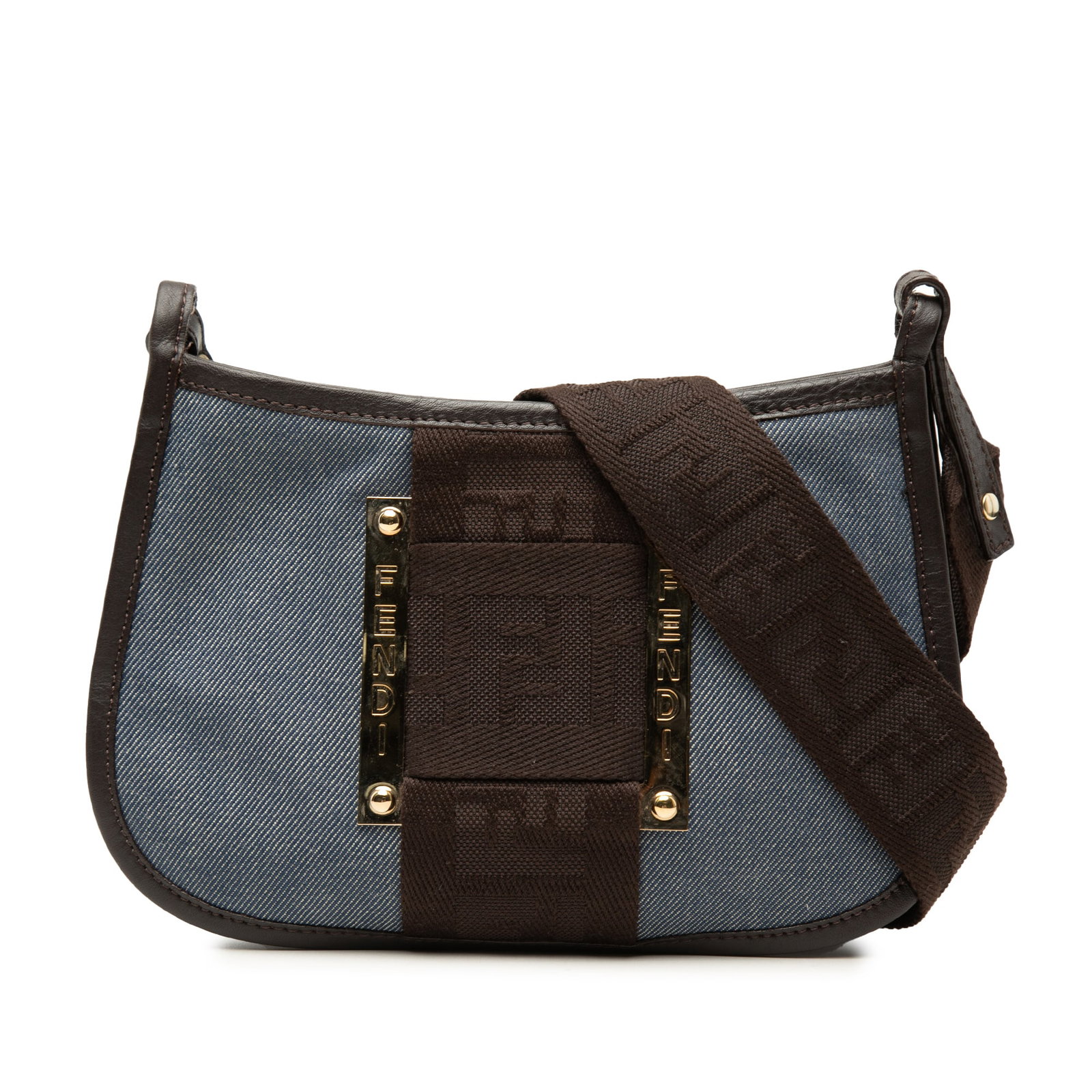 Fendi Denim Pochette Blue Fabric Crossbody Bag: Fendi Denim Pochette Blue Fabric Crossbody Bag Fendi Denim Pochette Crossbody bag crafted with a denim body and leather trim. It features a flat canvas strap and an interior with zip and slip compartm