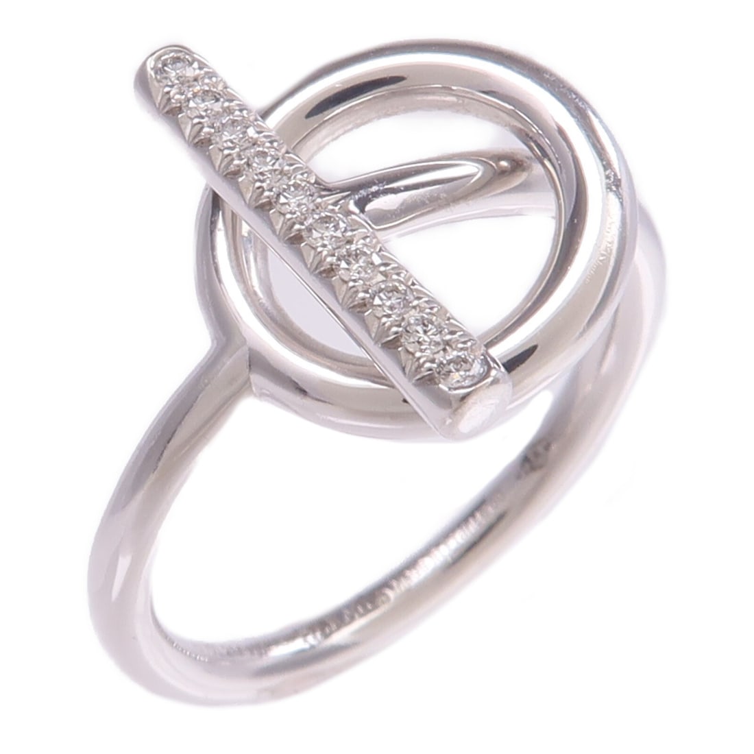 HERMES Echappee Diamond Ring 18K White Gold US 6.5: HERMES Echappee Diamond Ring 18K White Gold US 6.5 Hermes Echappee ring in 18K white gold with diamond accents. The ring is size 6.5, engraved 53, and features a clear finish. It comes with a storage 