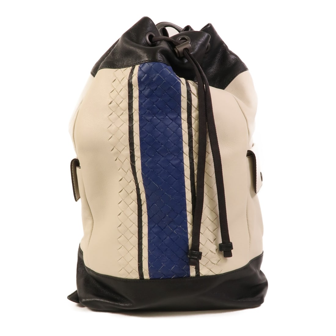 Bottega Veneta BV White Calfskin Leather Rucksack Backpack: Bottega Veneta BV White Calfskin Leather Rucksack Backpack A BOTTEGA VENETA rucksack backpack in white calfskin (cowhide) leather, made in Italy. It features two outside button-snap pockets, one insid