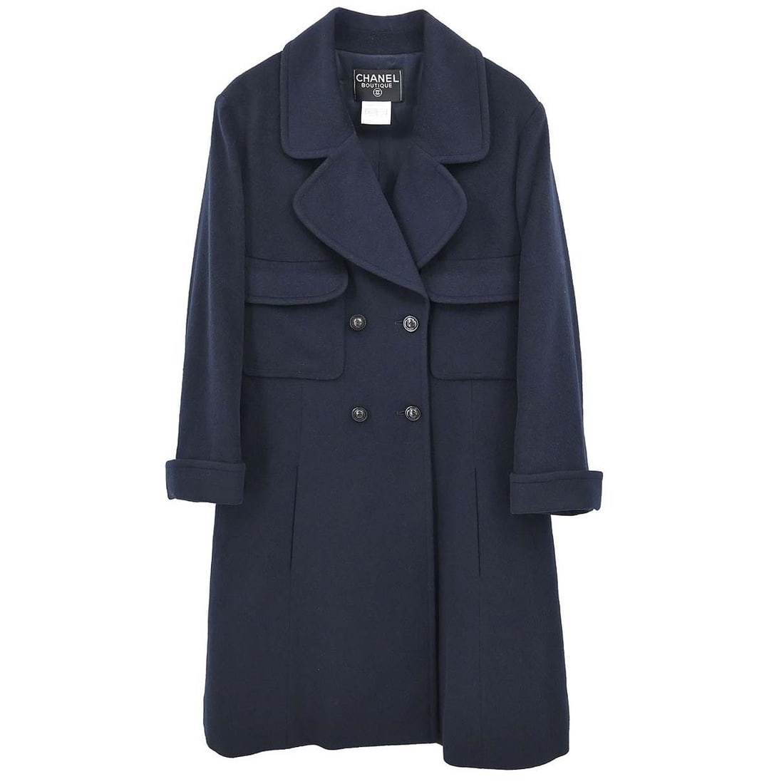 CHANEL 97A Navy Wool Long Coat Womens Size 38: CHANEL 97A Navy Wool Long Coat Womens Size 38 Vintage Chanel long overcoat in navy wool with a collared neckline, long sleeves, and button closure. Designed in a women's regular size 38, this coat fea