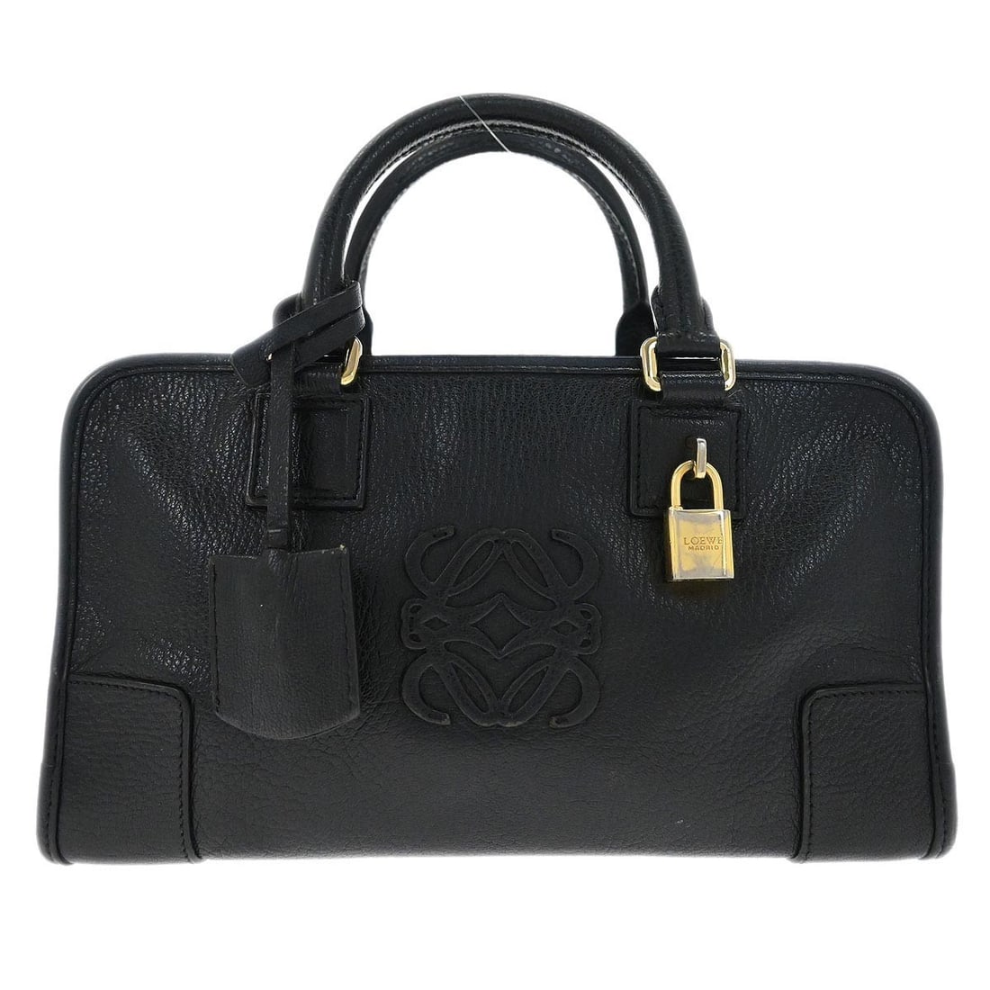 Loewe Amazona 28 Black Leather Top Handle Bag: Loewe Amazona 28 Black Leather Top Handle Bag Loewe Amazona 28 top handle handbag in black leather with double handles and zip closure. This medium handbag features inner pockets and includes a padloc