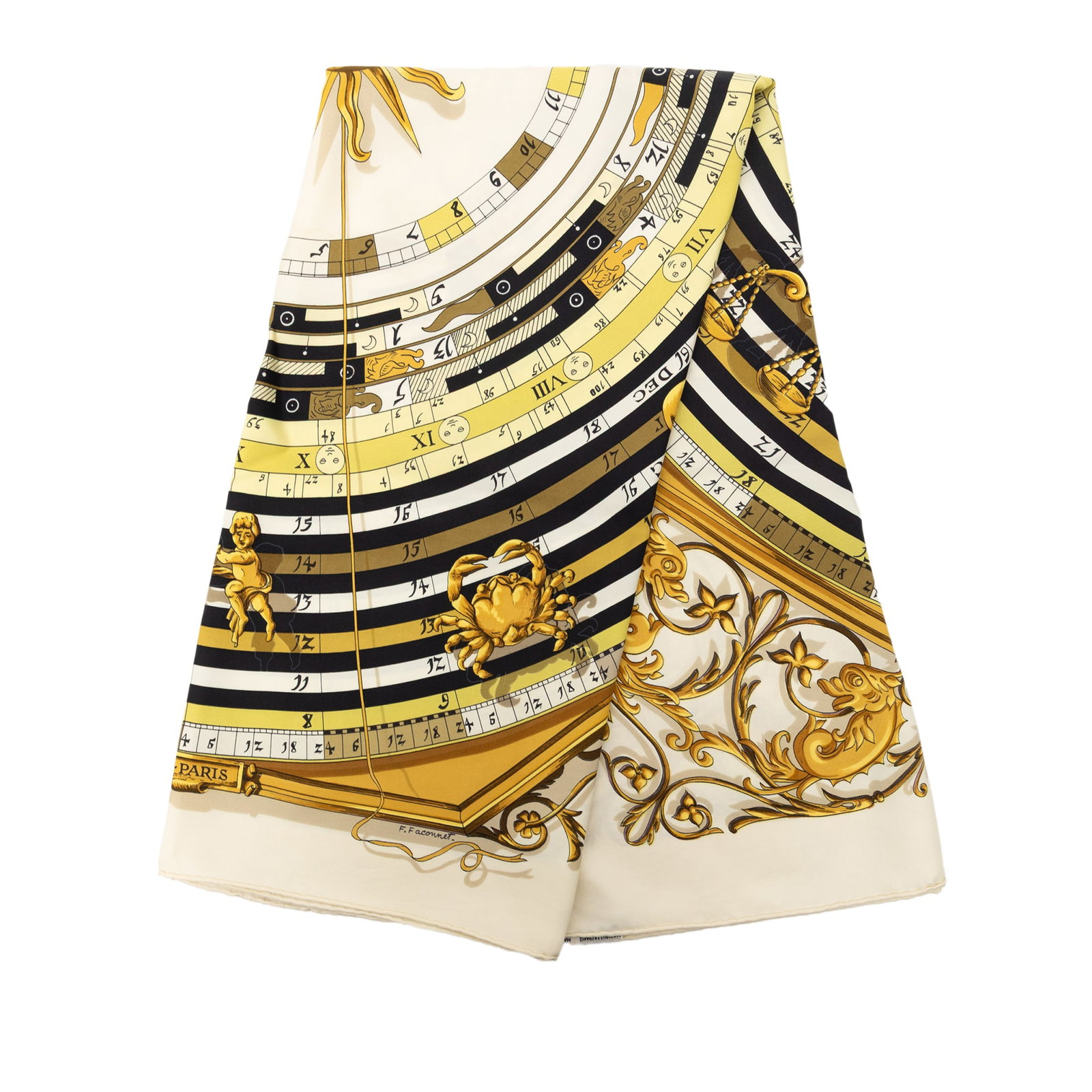 Hermes Dies et Hore 90 Silk Scarf Beige: Hermes Dies et Hore 90 Silk Scarf Beige Hermes Dies et Hore Silk Scarf 90 in beige, featuring the Dies et Hore print on silk. Condition is B+ with noted exterior front cut stitching and staining. Spec