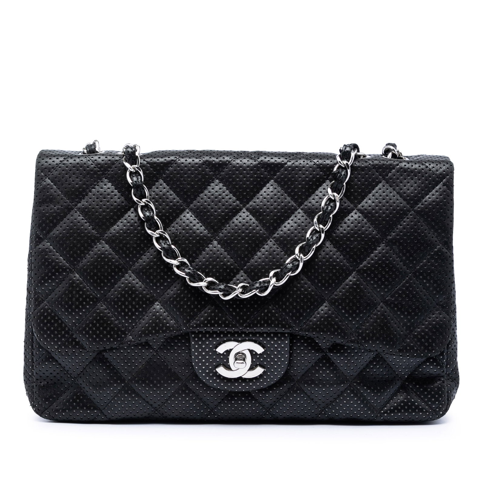 Chanel Jumbo Classic Single Flap Bag in Black Perforated Lambskin: Chanel Jumbo Classic Single Flap Bag in Black Perforated Lambskin Chanel Jumbo Classic Perforated Lambskin Single Flap bag in black, featuring a quilted perforated lambskin leather body with leather-w