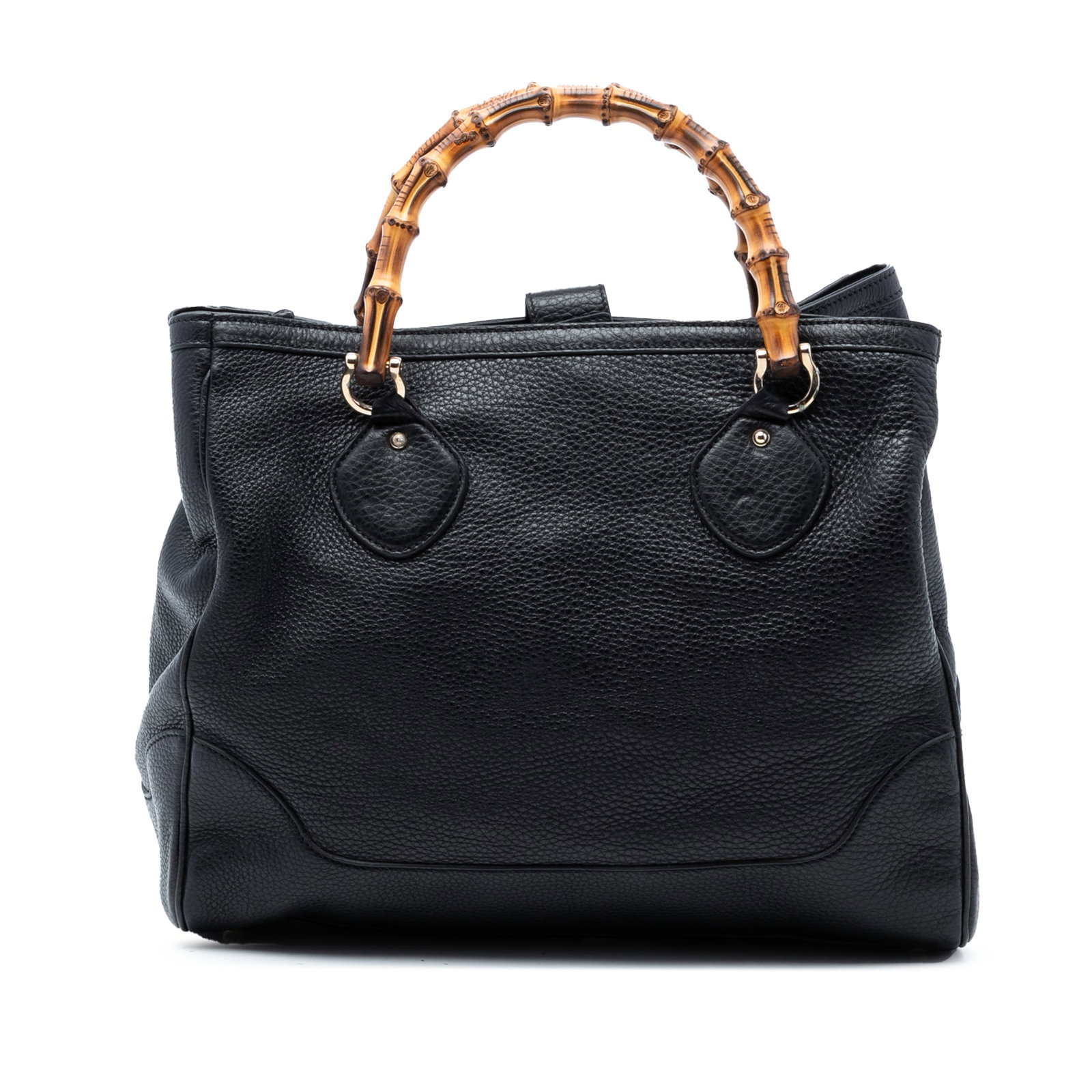 Gucci Bamboo Diana leather tote black: Gucci Bamboo Diana leather tote black This Gucci Calfskin Bamboo Diana Tote is crafted from black leather and features distinctive bamboo top handles. The tote is designed with an open top, secured by