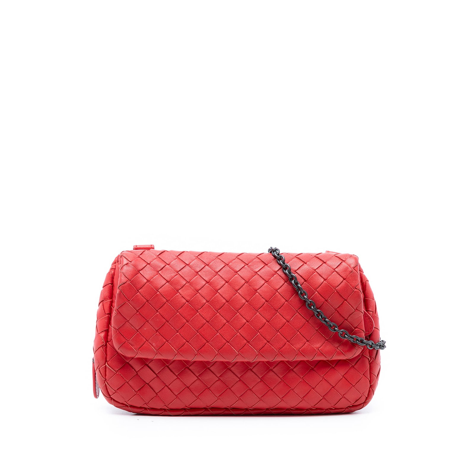 Bottega Veneta Intrecciato Mini Flap Crossbody in Red Nappa Leather: Bottega Veneta Intrecciato Mini Flap Crossbody in Red Nappa Leather Bottega Veneta Mini Nappa Intrecciato Expandable Chain Flap Crossbody in red woven nappa leather. This crossbody bag features a chai