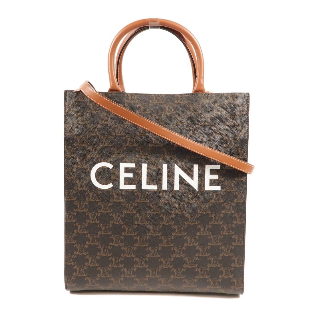 CELINE Triomphe Cabas 2way Tote Shoulder Bag Brown Coated Canvas: CELINE Triomphe Cabas 2way Tote Shoulder Bag Brown Coated Canvas CELINE Triomphe Cabas Tote Bag in brown PVC coated canvas, designed as a 2way shoulder bag. It features a brown exterior and frame colo