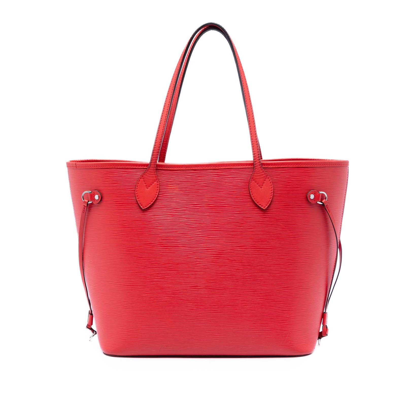 Louis Vuitton Neverfull MM Epi Leather Tote Bag Red: Louis Vuitton Neverfull MM Epi Leather Tote Bag Red Louis Vuitton Epi Neverfull MM tote bag in red leather with flat shoulder straps, an open top with lobster clasp closure, and side drawstrings. Made