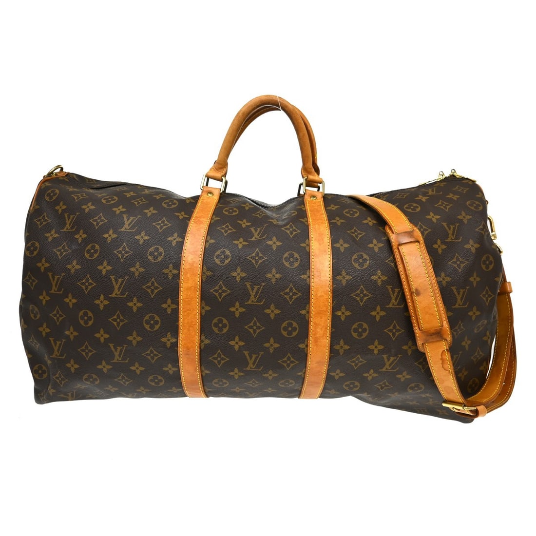 Louis Vuitton Keepall Bandouliere 60 Monogram Travel Duffle Bag M41412: Louis Vuitton Keepall Bandouliere 60 Monogram Travel Duffle Bag M41412 Vintage Louis Vuitton Keepall Bandouliere 60 duffle bag in brown monogram canvas and leather. This extra large travel bag feature