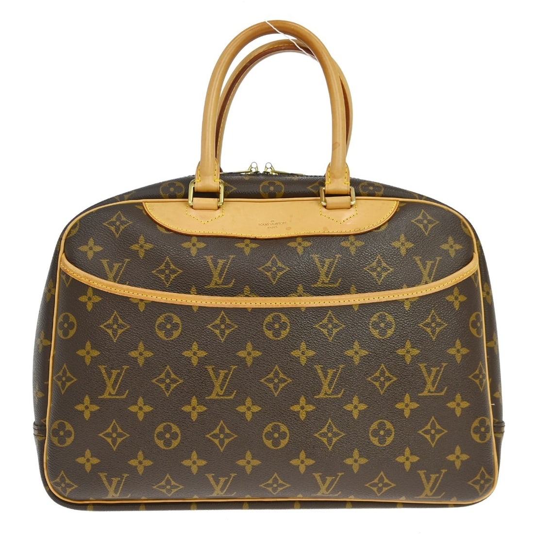 Louis Vuitton Deauville Vanity Monogram Canvas Handbag M47270: Louis Vuitton Deauville Vanity Monogram Canvas Handbag M47270 Vintage Louis Vuitton Deauville bowling vanity business handbag in brown Monogram canvas with leather trim and double leather handles. Thi