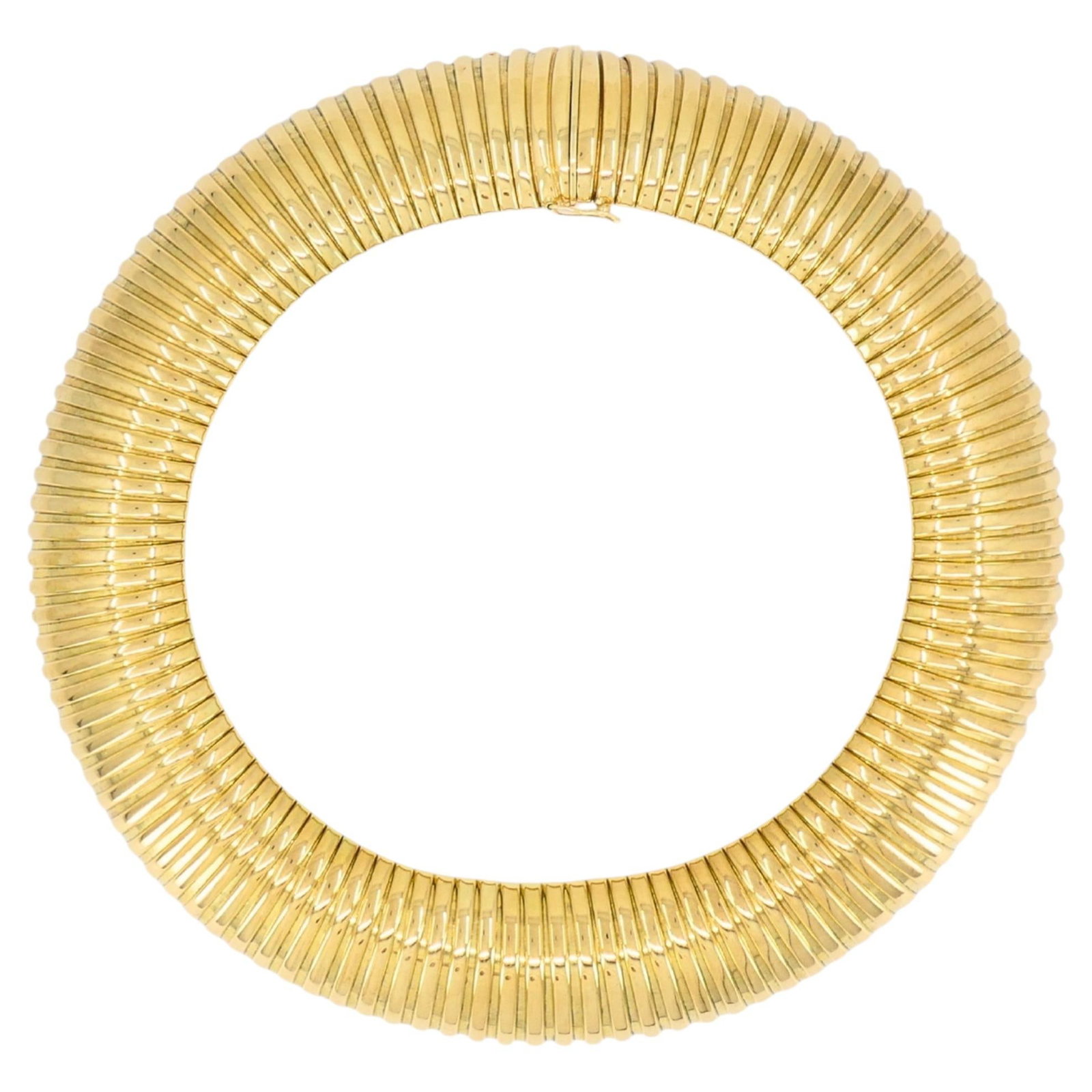Italian 14k Gold Tubogas Collar Necklace 20 in: Italian 14k Gold Tubogas Collar Necklace 20 in Vintage Italian collar necklace in 14k gold with an iconic tubogas design. It features a flexible, coiled structure formed from tightly interlocking gold