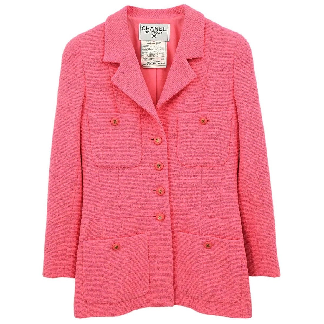 CHANEL 95P Pink Wool Blend Single Breasted Jacket Size 38: CHANEL 95P Pink Wool Blend Single Breasted Jacket Size 38 Vintage Chanel single-breasted jacket in pink with a collared design and four exterior pockets. This women's mid-length jacket is made in Fran
