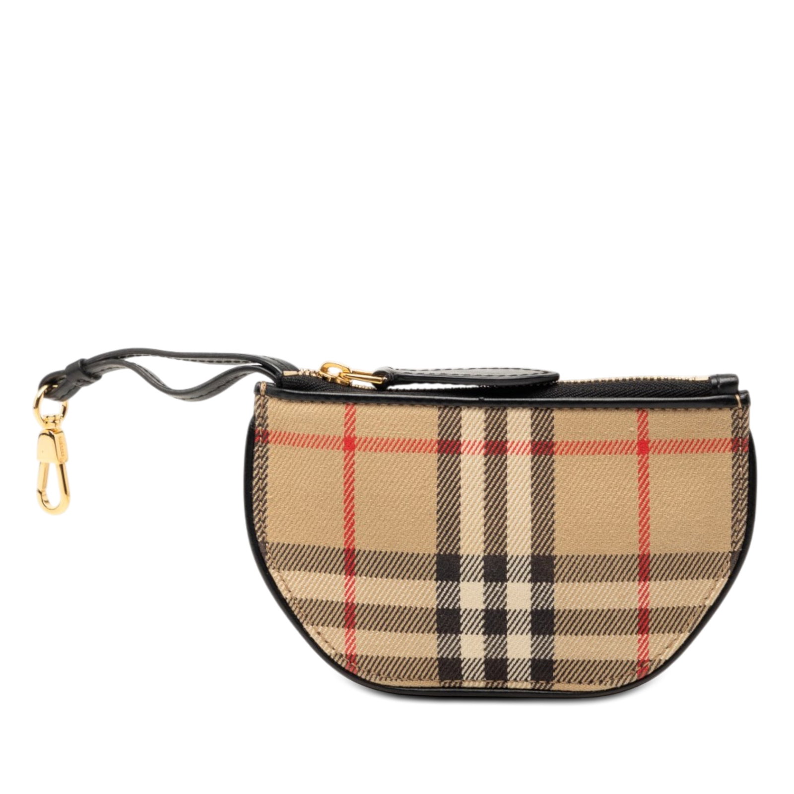 Burberry plaid canvas zip coin pouch: Burberry plaid canvas zip coin pouch This Burberry House Check Canvas Olympia Coin Pouch features the brand's signature plaid canvas body accented with leather trim and a top zip closure. The pouch is