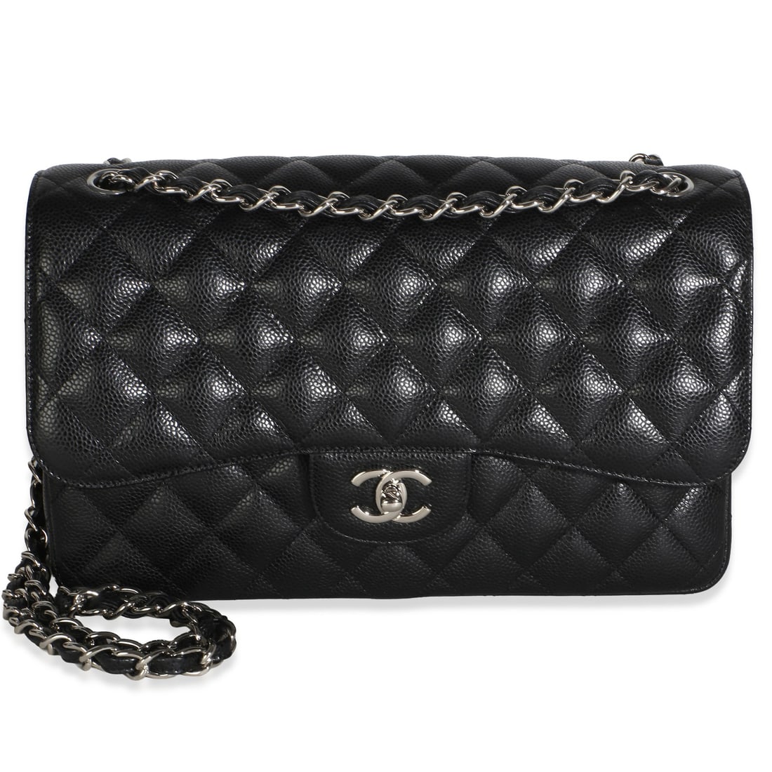 Chanel Jumbo Double Flap Shoulder Bag Black Quilted Caviar Leather: Chanel Jumbo Double Flap Shoulder Bag Black Quilted Caviar Leather Pre-owned Chanel Jumbo Double Flap shoulder bag in black quilted caviar leather with a turnlock closure and burgundy leather lining. 