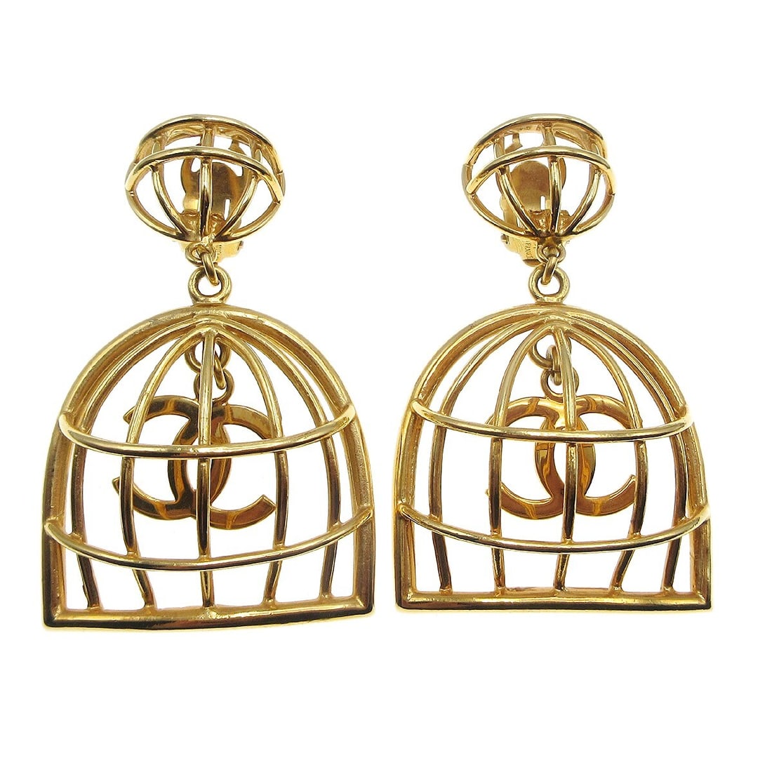 Chanel Birdcage Clip On Dangle Earrings Gold Plated 93P (1 of 4)