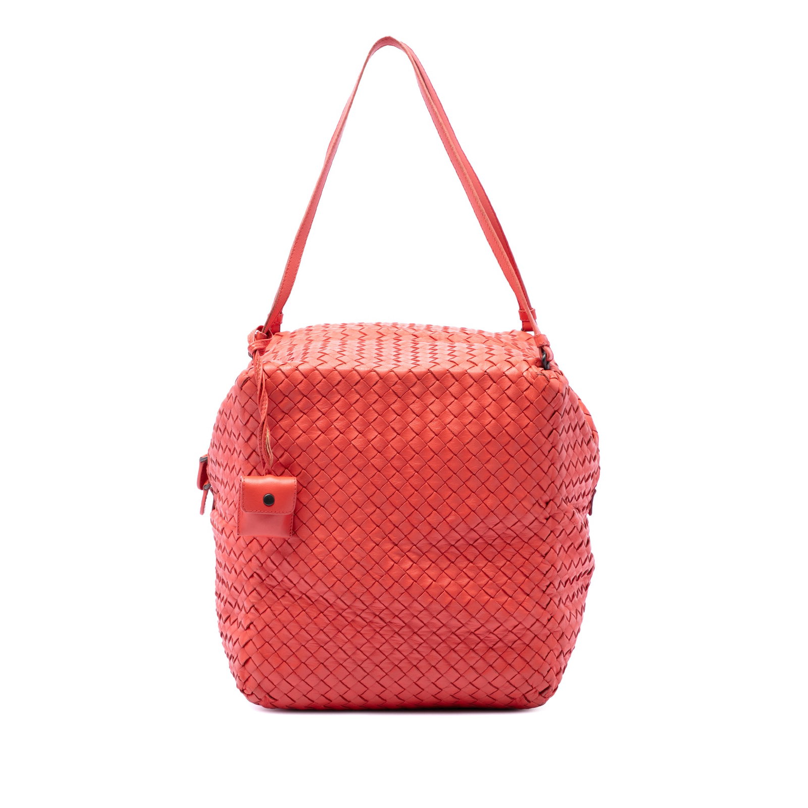 Bottega Veneta Cube Shoulder Bag in Orange Nappa Intrecciato: Bottega Veneta Cube Shoulder Bag in Orange Nappa Intrecciato Bottega Veneta Nappa Intrecciato Cube Shoulder Bag in orange woven nappa leather. This shoulder bag features flat leather shoulder straps, 