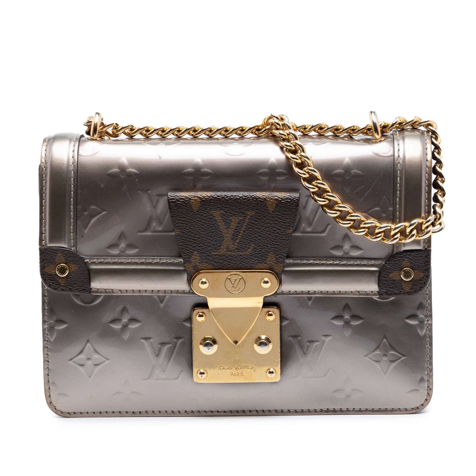 Louis Vuitton Wynwood Vernis leather flap bag gray: Louis Vuitton Wynwood Vernis leather flap bag gray This Louis Vuitton Monogram Vernis Wynwood bag features a vernis leather body with monogram canvas trim, a gold-tone chain strap with a leather guard