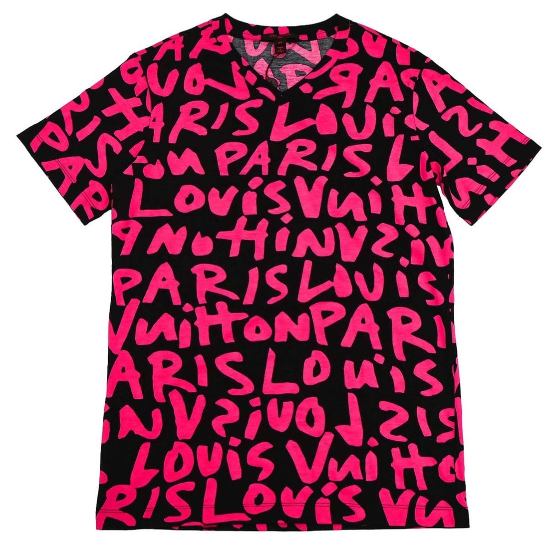 Louis Vuitton RW091T WOTS09JES womens pink graffiti T shirt M: Louis Vuitton RW091T WOTS09JES womens pink graffiti T shirt M Louis Vuitton short sleeve T-shirt in pink with a graffiti print design. This women's top features a round neckline, regular fit, and a so