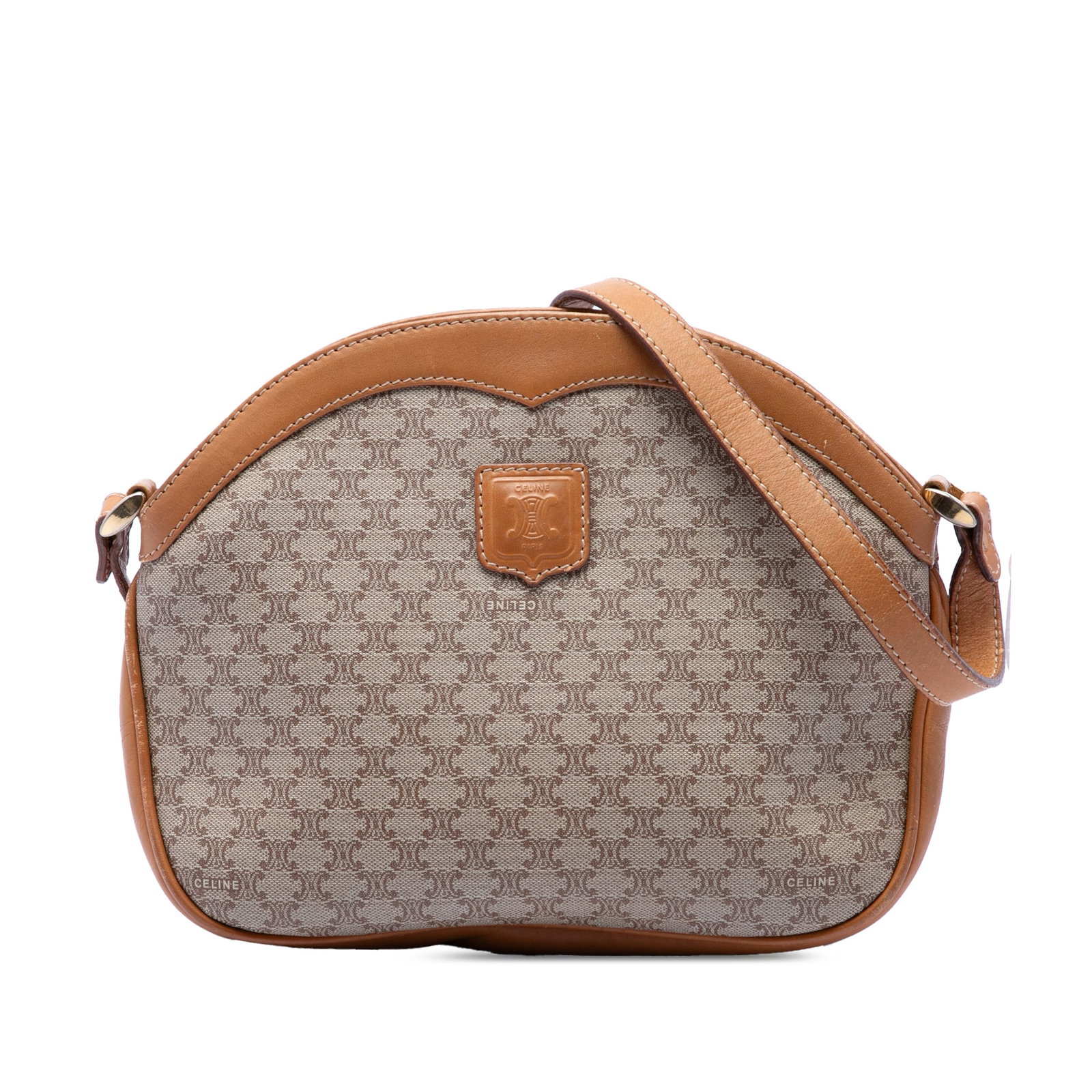 Celine Macadam Beige Coated Canvas Crossbody Bag: Celine Macadam Beige Coated Canvas Crossbody Bag Celine Macadam Coated Canvas Crossbody bag in beige, made in Italy. It features a coated canvas body with leather trim, an adjustable flat leather stra