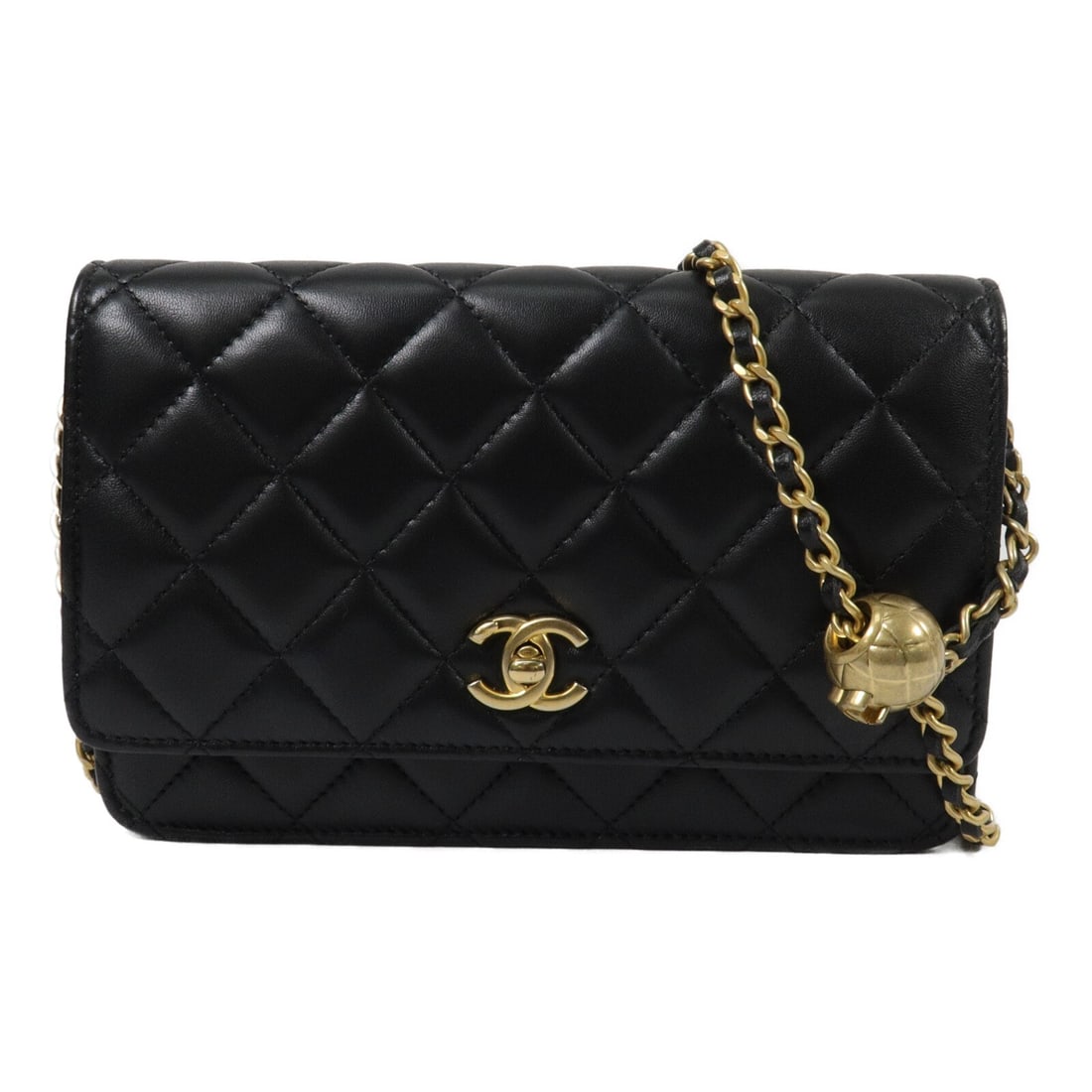 CHANEL AP1450 CC Wallet on Chain Black Lambskin Shoulder Bag: CHANEL AP1450 CC Wallet on Chain Black Lambskin Shoulder Bag CHANEL Wallet on Chain shoulder bag in black lambskin leather with CC turn-lock closure and gold ball detail. This women's shoulder bag fea