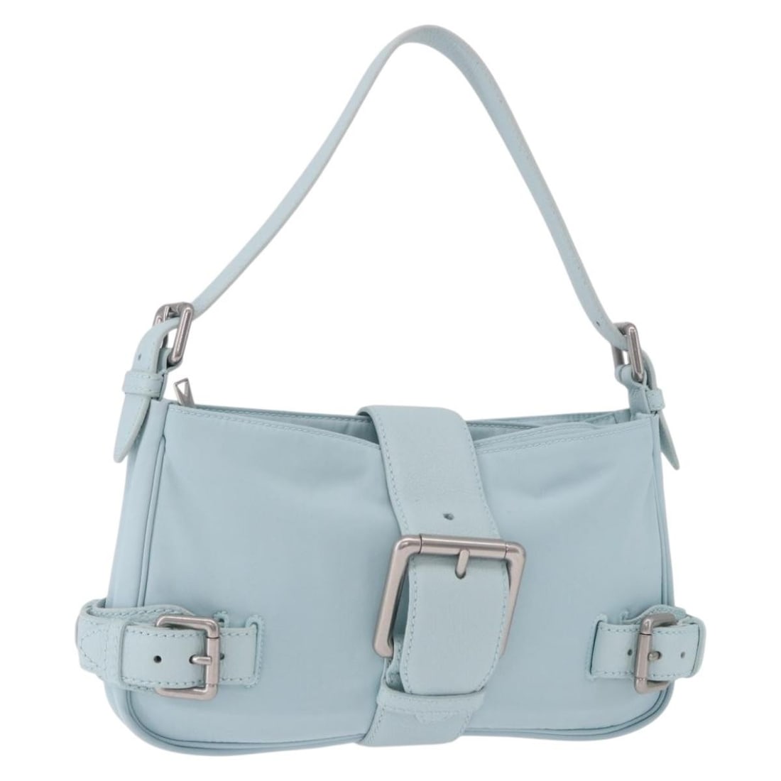 Bottega Veneta Nylon Shoulder Bag Light Blue Silver Italy: Bottega Veneta Nylon Shoulder Bag Light Blue Silver Italy Light blue and silver nylon shoulder bag for women, made in Italy. Includes a dust bag. Condition is rated A, with partly stained exterior sur