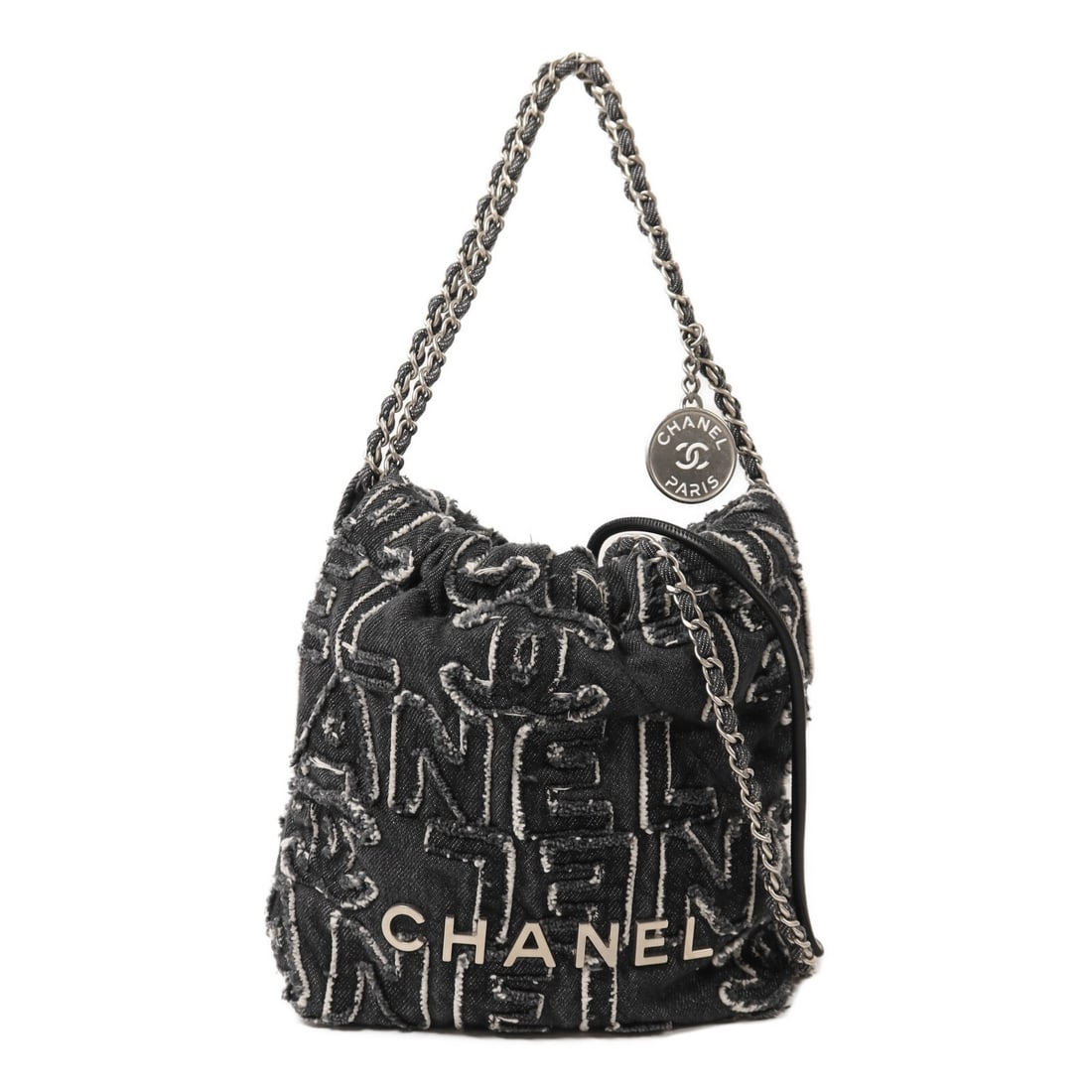 CHANEL AS3260 Chanel 22 Mini Shoulder Bag Black Denim Chain Strap: CHANEL AS3260 Chanel 22 Mini Shoulder Bag Black Denim Chain Strap A CHANEL CC SHW Chanel 22 Mini Chain Shoulder Bag, model AS3260, in black denim. This regular-size women's shoulder bag features a bla