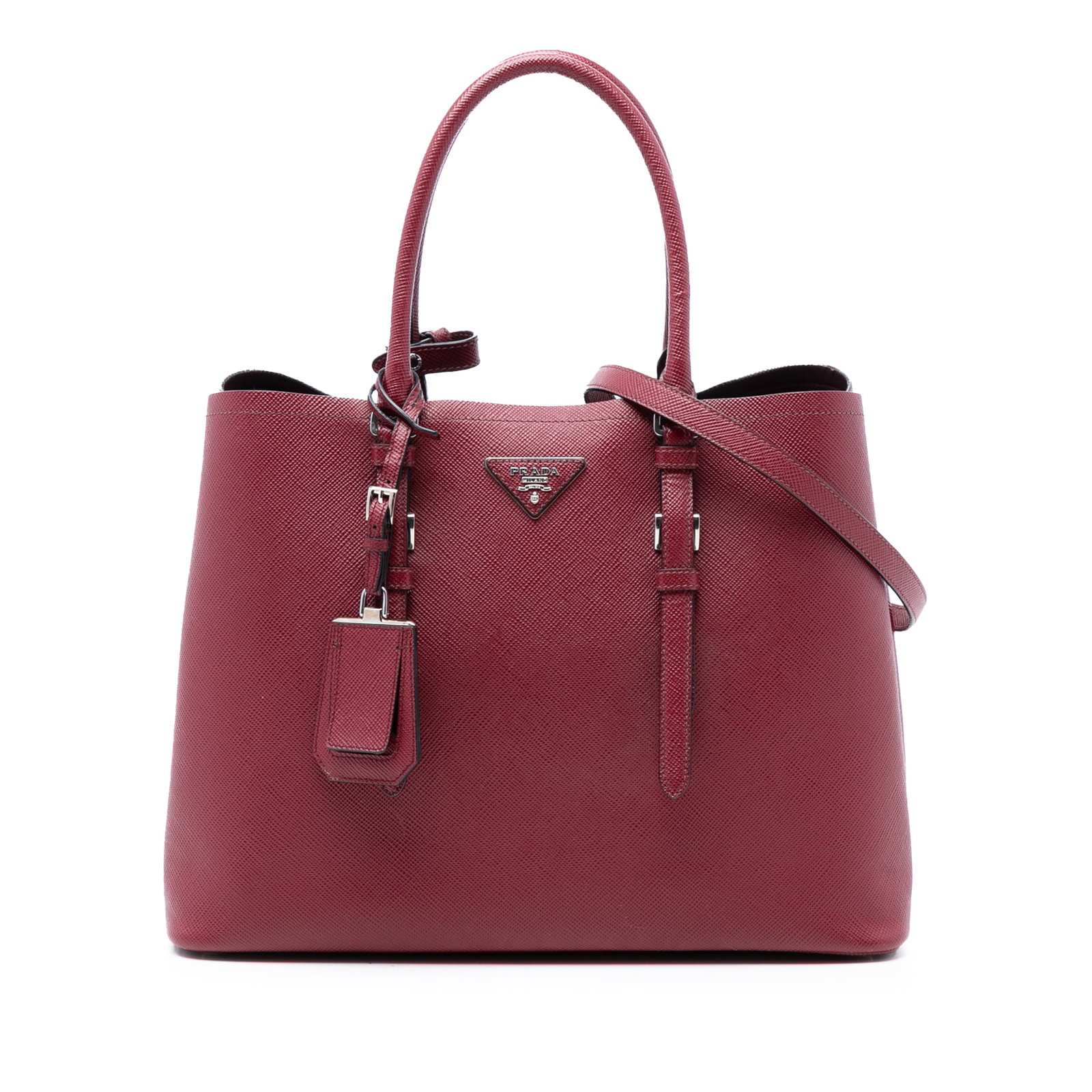 Prada Saffiano Cuir Leather Medium Satchel with Double Handles Red: Prada Saffiano Cuir Leather Medium Satchel with Double Handles Red This Prada Medium Saffiano Cuir Double Handle Satchel is crafted from saffiano leather and features rolled leather top handles, a det